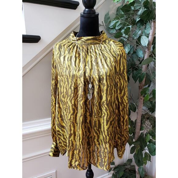 H&M Blouse Top Womens 2XL Brown Yellow Leopard Print Pleated Back Keyhole Button - Picture 1 of 14